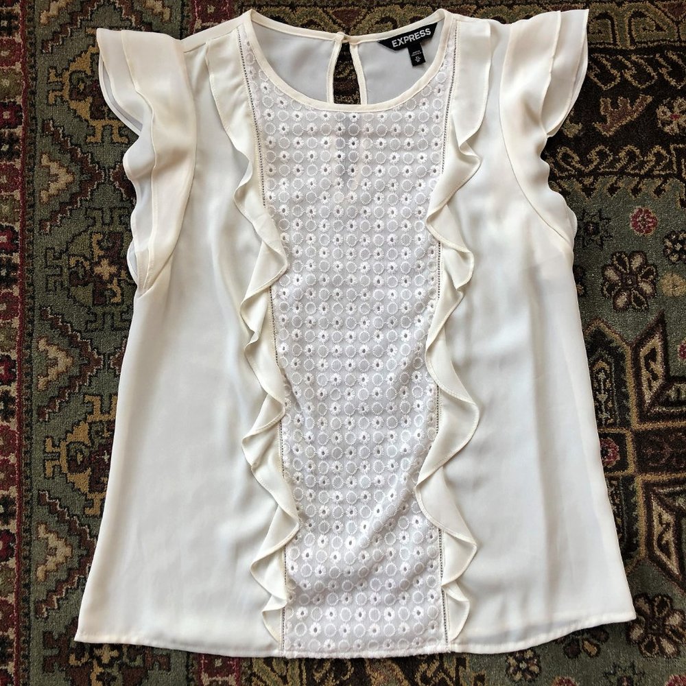 Embroidered Ruffled-Front Flutter Sleeve Blouse XS - Picture 5 of 16